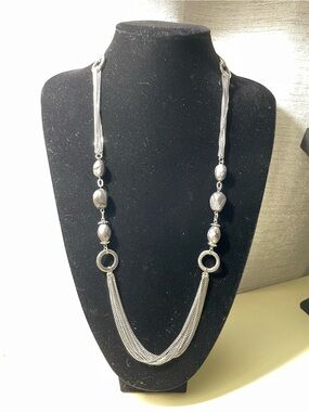 Long Silver Color  Multi-Strand Bead and Ring Necklace for Women